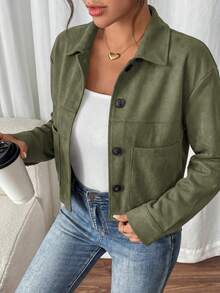 Women's Faux Suede Cropped Jacket Casual Fall Fashion Button Down Winter Coats Outerwear Clothes Christmas New Years Outfit Women - 軍綠色 - 查看 4