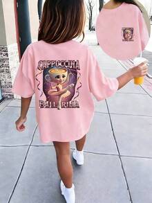 Tween Girl Graphic Print Crew Neck T-Shirt, Summer Top - Pink - View 1