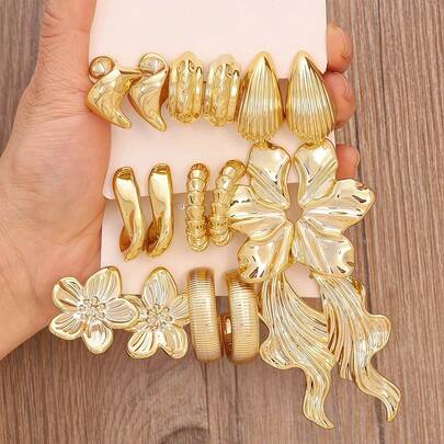 3-9 Pairs Of High-Quality And Fashionable Gold Women's Earrings Set From Europe And America, With Ear Leaf Thread Flower Geometric Elements, Elegant, And Style. Your Beauty Is Eye-Catching, Suitable For Giving High-Quality Gifts To Girlfriends And Friends At Festivals And Banquets, Playing, Dating, And Parties