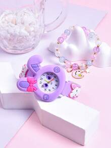 2026 Nuevo Set de 2 piezas, regalo para la amiga de la hija, reloj de estudiante con correa de silicona suave, reloj de cuarzo con conejo de orejas largas y creativo, pulsera de cuentas colorida - Morado - Ver 7
