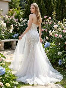 YOUKEFEIER [2025 New] Strapless Mermaid Wedding Dress, Sheer Mesh, Waist-Cinching Silhouette, Trailing Design, Bridal Gown/Reception Dress, Suitable For Wedding Ceremony & Evening Banquet - Beige - View 9