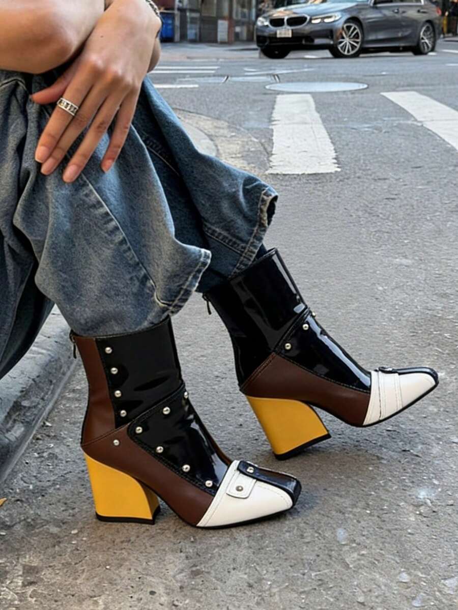 Women's Chunky Heel Ankle Boots Fashion Slip On Patent Leather Rivet Short Boots Square Toe Back Zipper Biker Boots For Women - 拼色 - 查看 1