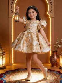 Young Girl' Elegant Floral Jacquard Petal Sleeve Party Dress, Princess Dress For Birthday, Vacation, Wedding, Easter, Gathering - 金色 - 查看 3