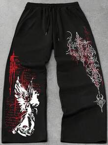 Men's Gothic Wide-Leg Sweatpants With Red-White Angel Cross Thigh Print - Black Dark Pants For Streetwear, Adjustable Drawstring Waist, Year-Round Comfortable Fit, Casual Outfits For Parties & Casual Attire - 樣式1 - 查看 2
