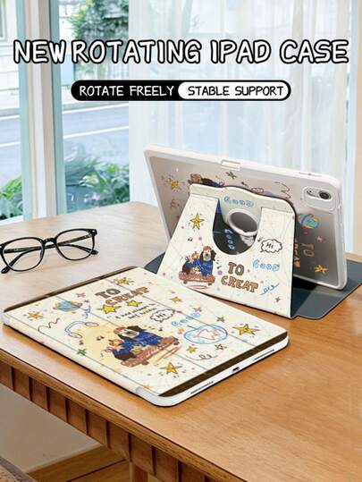 Cartoon Skateboarding Dog Pattern Rotating Logo Tri-Fold Flat Protective Case, Suitable For 10th/11th Gen And 11-Inch Pro (2025 Model), Supports Auto Wake/Sleep Function, Provides Multi-Angle Stand. This Protective Case Is Very Suitable As A Ramadan Gift, And It Is A Non-Magnetic Protective Case.