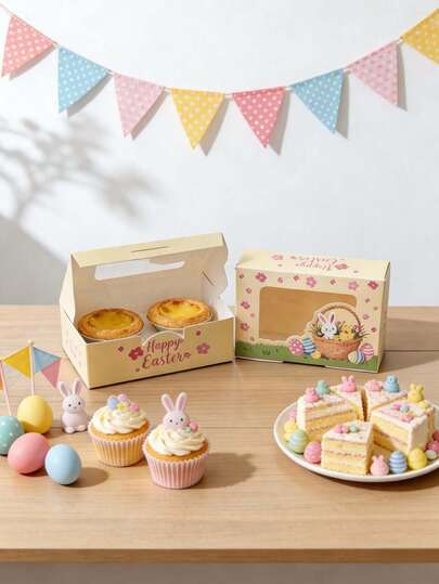 5pcs/10pcs 2026 New Easter Cake Boxes, Rabbit & Colorful Egg Design Window Bakery Packaging Gift Boxes, Cute Printed, Portable Leak-Proof, Suitable For Cakes, Pastries, Tarts, Chocolates, Cookies, Party, Birthday, Easter Holiday Celebration, Gathering Gift Packaging Boxes