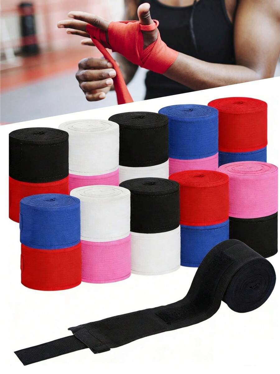 2 Pairs Professional Boxing Hand Wraps, Sports Fitness Resistance Bands Sweat-Absorbent Elastic Boxing Wraps, Black, Red, Blue And Yellow - 彩色 - 查看 1