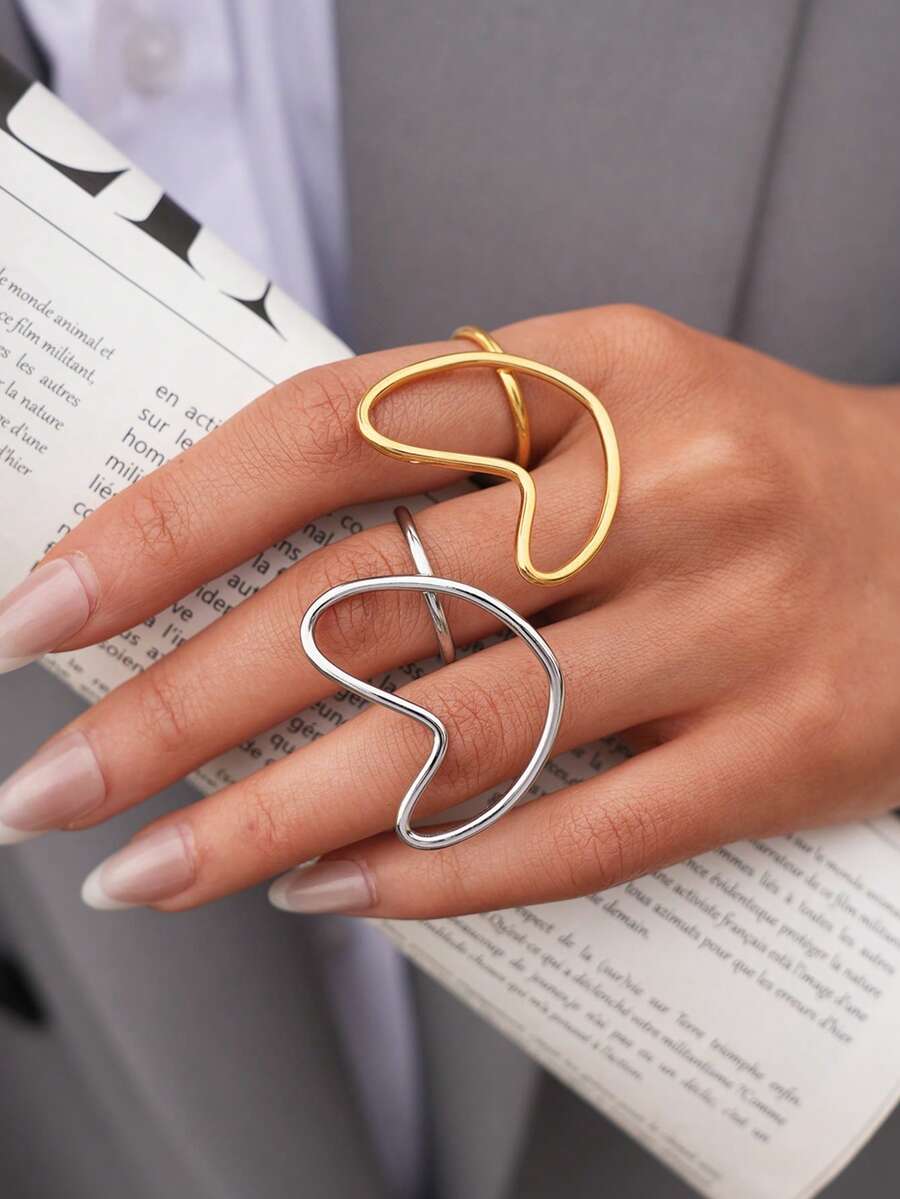 2pcs/1pc Women's Minimalist Hollow Open Heart Shaped Ring, Gold & Silver Color, Delicate & Compact, Suitable For Daily Wear, Parties, Weddings, Birthdays, Valentine's Day And Other Occasions - Multicolor - View 1