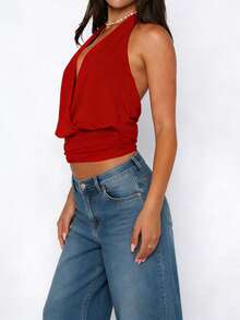 Women's Halter Top Summer Casual Solid Color Wrap Fitted Waist Backless Slim Fit Top - 紅色 - 查看 2