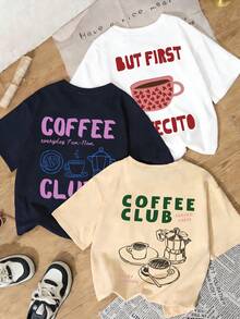 3pcs/Set Summer New Minimalist Mocha Coffee & Tea Cup Cartoon Graphic Print Casual Round Neck Short Sleeve T-Shirt, Fashionable & Versatile Women Tops - Off-white, Navy Blue, and Apricot - View 1