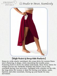 High Waist Maxi Skirt With Slit Ruffle Wrap Skirt Flowy Skirts For Women Long Skirts With Shorts Underneath - 酒紅色 - 查看 4