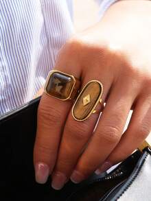 Frminee 2 PCS / 1 PC Fashion Natural Tiger Stone Stainless Steel Rings Oval Alpaca Rings For Women Stacked Rings Ladies' Jewelry Gifts For Her - Gold - View 5