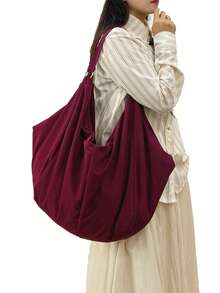 Large Capacity Plaid Pattern Shoulder Bag, Solid Color Nylon Water-Resistant Material, Minimalist Style Women's Crossbody Bag, Zipper Closure, Casual Practical Multipurpose Tote Bag, Suitable For Work, Study, Travel - Purple - View 2