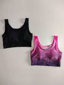 KIT 2 Tops In Suplex With Removable Padding, Double Fabric, Wide Waistband, Comfortable For The Gym Ref.866. Basic Black Cropped Fitness Top With Neon Pink Gradient Tie-Dye Print. - 1 màu đen + 1 màu hồng neon phối gradient - Xem 4