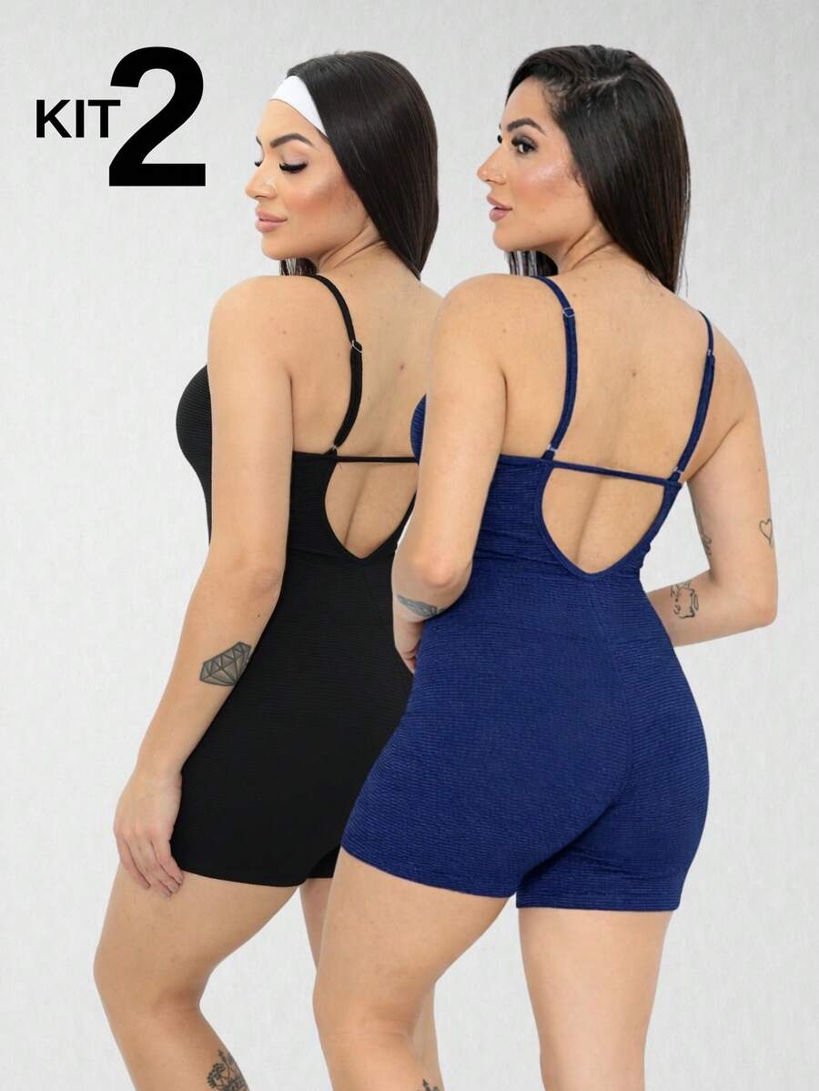 Set Of 2 Ribbed Jumpsuits With Straps For Women's Gym And Sportswear - Fitness - Navy Blue - View 1