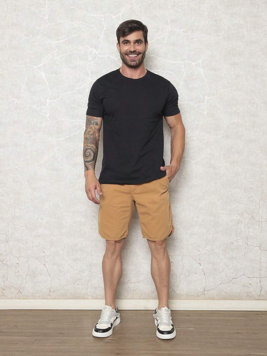 Men's Bermuda Shorts In Twill Fabric With Elastic Waistband - 薑色 - 查看 1