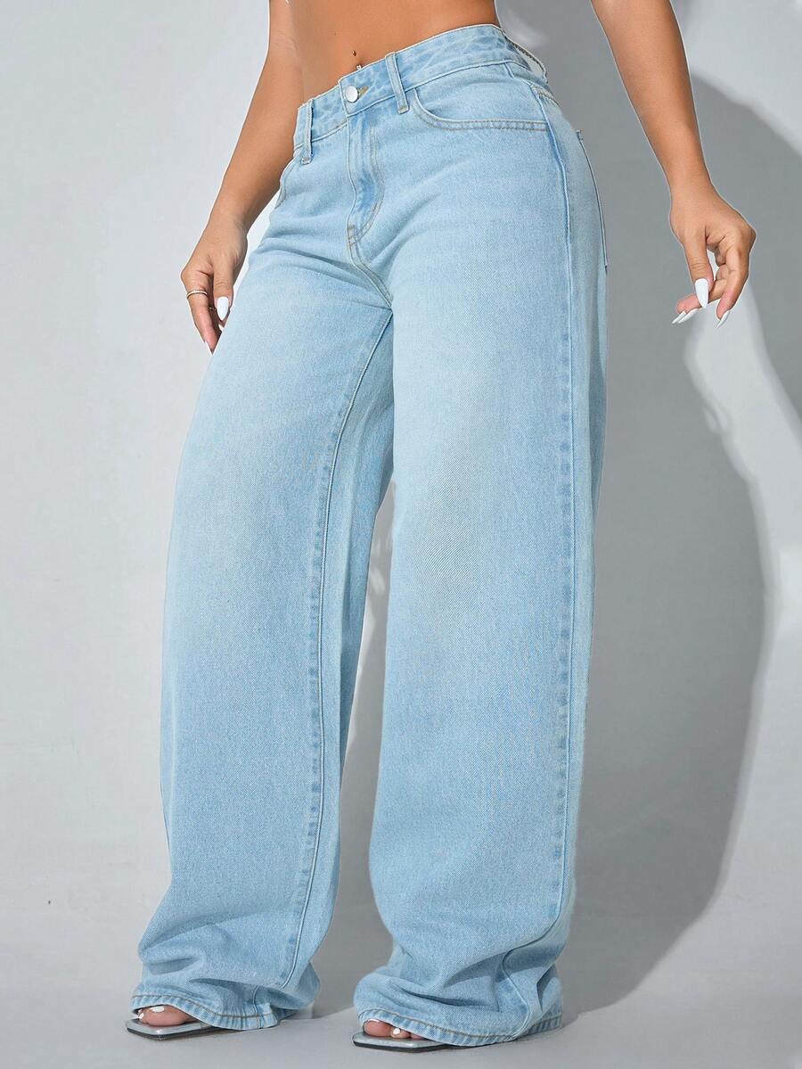 Low Waist Wide Leg Casual Blue Slant Pocket Curved Women Jeans Spring - Sky Blue - View 1