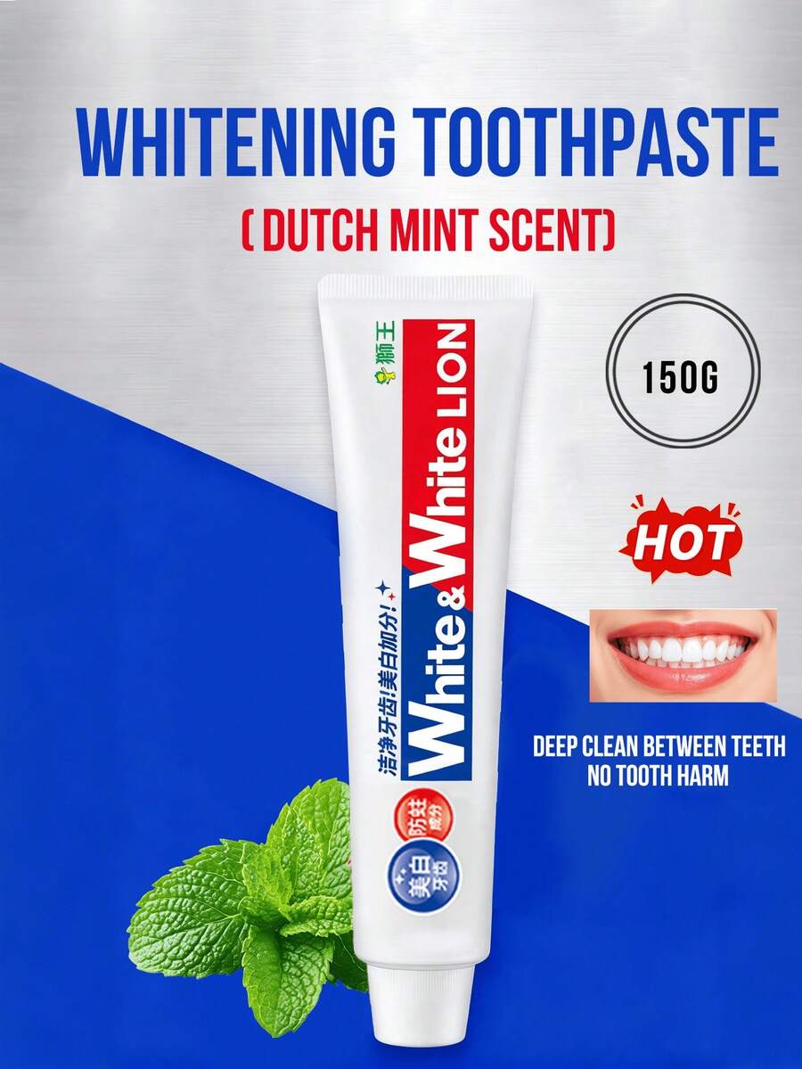 LION White & White Dutch Mint Whitening Toothpaste, 150g/5.29oz - Fluoride Formula, Deep Cleans Teeth And Removes Stains, Gentle Abrasion Won't Damage Teeth, Fresh Dutch Mint Flavor, Flip-Top Design For Easy Opening, Daily Whitening And Freshness.