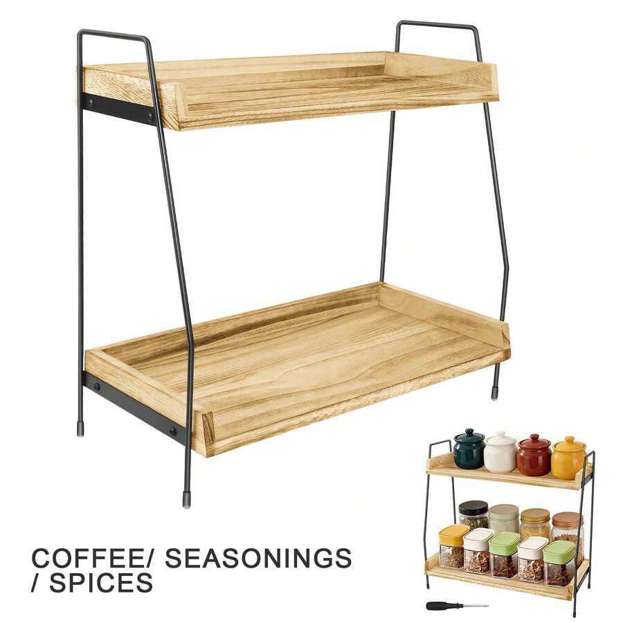 EFAN Solid Wood Double-Layer Storage Rack, Easy-To-Assemble Coffee Organizer, Non-Slip Desktop Shelf, Universal Storage Rack For Kitchen, Bathroom & Study - View 1