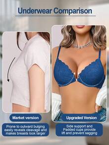 Blue Lace Front Closure Padded Bra - Comfortable Easy On/Off Suitable For Vacation Wear - Blue - View 10