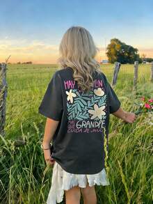 少女休闲印花圆领短袖T恤，夏季上衣 - 深灰色 - 查看 9