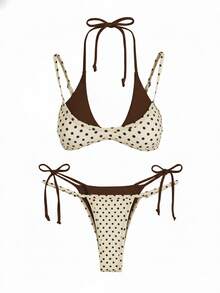 Conjunto de traje de baño de 2 piezas con lunares 2026, traje de baño de tirantes finos y cintura alta, bikini de 2 piezas para vacaciones de verano - Amarillo claro - Ver 6