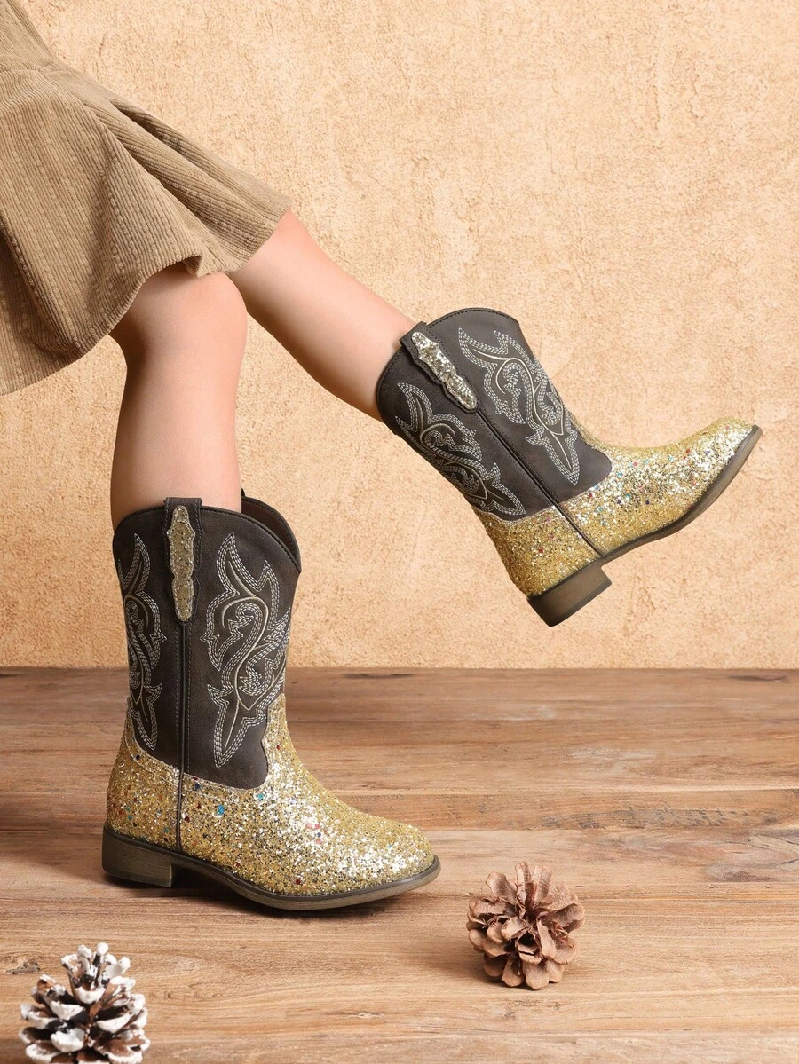 Girls Glitter Rhinestone Cowgirl Boots, Mid-Calf Western Riding Shoes For Toddler & Kids, Birthday Party Holiday Dress Up Footwear - 金色 - 查看 1