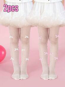 2pcs Larvakelly Girls' Rhinestone Glitter Bow Fishnet Tights, Sweet Style Girls' Leggings For Spring/Summer - White - View 7