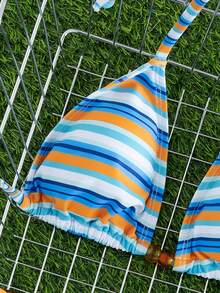 New Arrival European And American Women's Fashion Contrast Color Striped Spaghetti Strap Bow Bikini Set Summer Vacation Beach - Blue and White - View 6