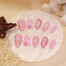 Pastel Pink 2026 New Handmade Press On Nails, Cute Bunny Print 3D Bow Glitter Rhinestone Almond Shape, Removable Reusable Fashionable Unique False Nails - Pink - View 1
