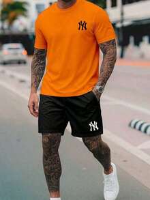 New York City NY 2-Piece Set - Men's 100% Cotton T-Shirt + Lightweight Comfortable Tactel Shorts - Men's Streetwear Fashion - New Arrival - Immediate Shipping - 橘色 - 查看 2