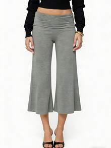 Women's Fold Over Waist Capri Fashionable Casual Solid Color Low Rise Wide Leg Crop Pants - 灰色 - 查看 3