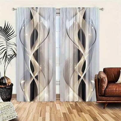 2pcs Modern Abstract Line Art Polyester Printed Curtains, Contemporary All Season Design, 100% Polyester, Light Filtering, Rod Pocket, Easy Hanging, Suitable For Kitchen, Laundry Room, Bedroom, Study, Living Room