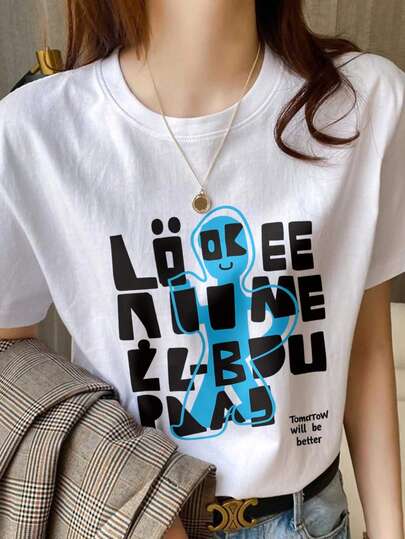 Women's Casual Loose Fit Round Neck Short Sleeve T-Shirt With Contrast Color Letter Print, Comfortable, Suitable For Daily Wear, Spring/Summer