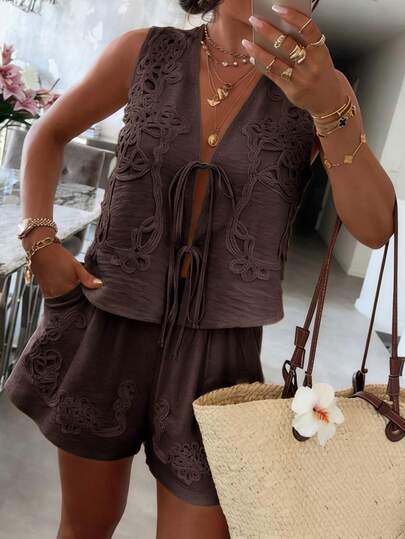 PoPoHouse Women's Lace Two Pieces Set Elegant Vacation Outfit For Women, Casual Summer Beachwear With Floral Embroidery, Sleeveless Top & Shorts For Holiday & Going Out