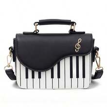 Mini bolso cuadrado con solapa y diseño de teclas de piano, con notas musicales de guitarra y piano, bolso de mano creativo de piel sintética, bandolera para mujeres y niñas, bolsos pequeños. - Blanco y Negro - Ver 12