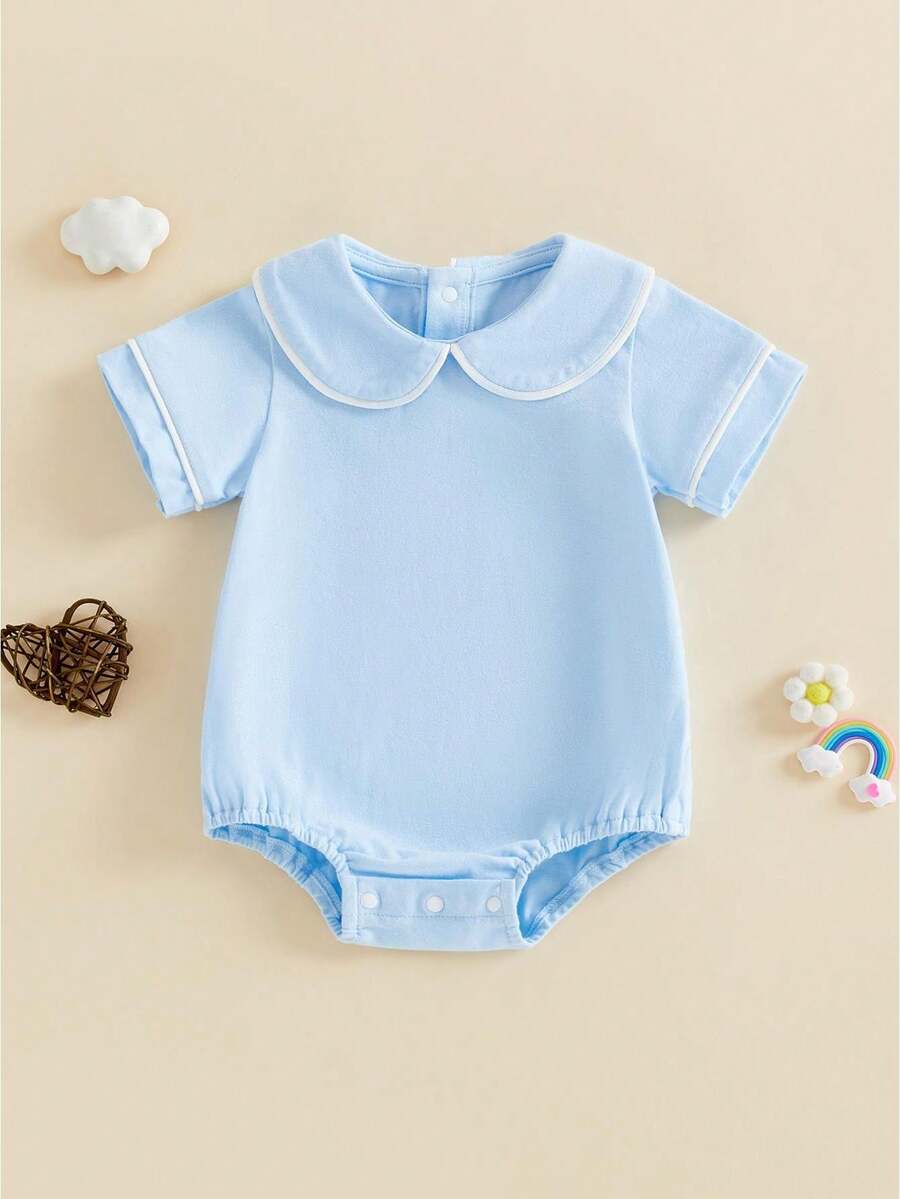 Baby Boy Girl Bubble Romper Infant Short Sleeve Collar Romper Oversize T-Shirt Cotton Bodysuit Top - Màu xanh lam - Xem 1