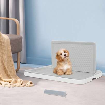 White & Grey Dog Potty Tray With 9.45in High Splash Guard, PP Indoor Puppy Training Toilet With Raised Grate. 19.88*15.35in Anti-Slip Pet Litter Box With Training Post For Small  Teddy Bichon Yorkshire