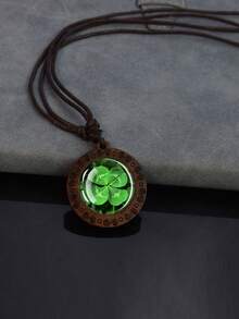 1PC Lucky Clover Pattern Wooden Pendant Necklace, With Dome Glass Inlay And Rope Chain, Suitable For Daily Matching Or Holiday Gifts. - Brown - View 12