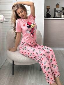 Disney 2 piezas Conjunto de pijama para el Día de San Valentín para mujer, top de manga corta y pantalón largo, conjunto de ropa de estar cómoda y suave, perfecto para relajarse en casa - Rosa Pálido - Ver 5