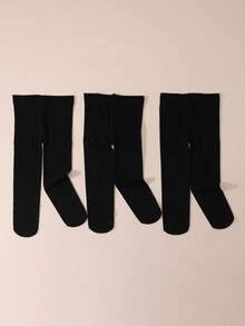 3 Pairs Baby Girls Velvet Tights, Autumn/Spring Leggings - Black - View 11