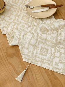 1pc Jacquard Decorative Table Runner, Gold Geometric Pattern, Tassel Decor For Dining Room, Living Room, Holiday - Gold - View 4