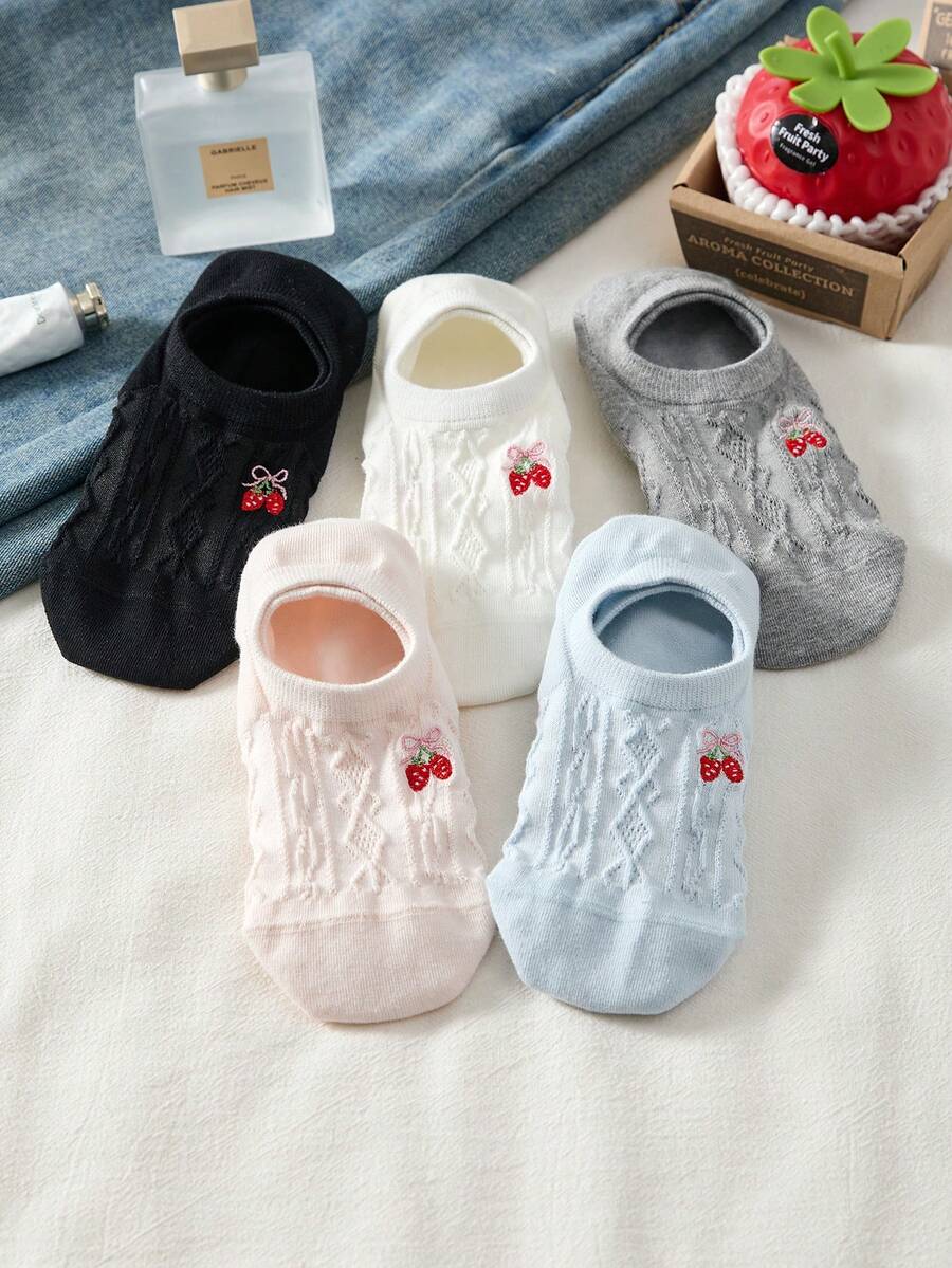 5 Pairs Women's Sweet Embroidered Bow & Strawberry Minimalist Invisible Liner Socks, Suitable For All Seasons - Multicolor - View 1