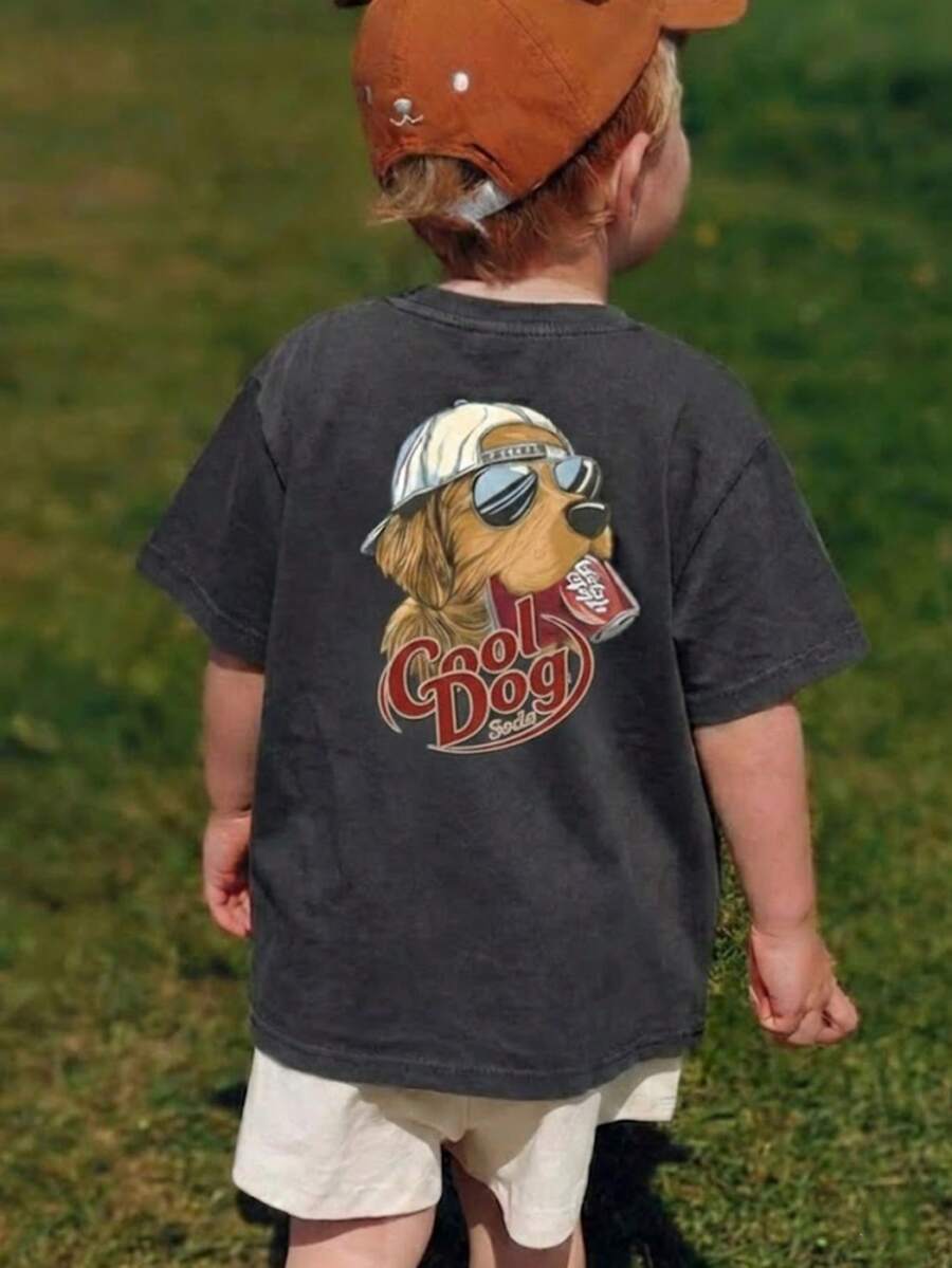 1件装男童休闲印花圆领短袖T恤，夏季学生服装 - 一款百搭T恤，为每个孩子带来欢乐和幸福！ - 深灰色 - 查看 1