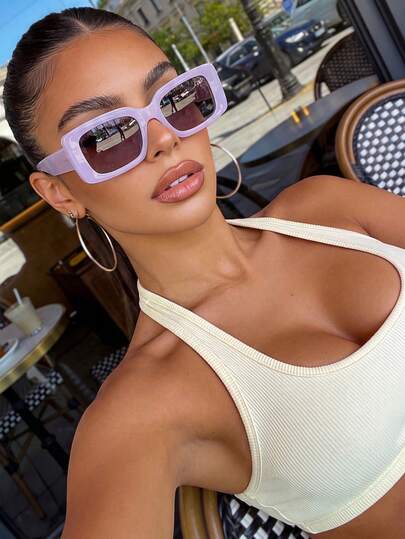 Purple Rectangular Plastic Sunglasses, Y2K Style, Outdoor Travel Beach Vacation Casual Decoration, Summer UV Protection Driving Sunglasses