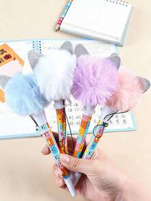1支/4支装新款弹力笔创意猫耳毛球弹力凝胶笔0.5mm黑色墨水趣味笔，适合男孩女孩办公室和学校使用 - 貓耳毛球 - 查看 3