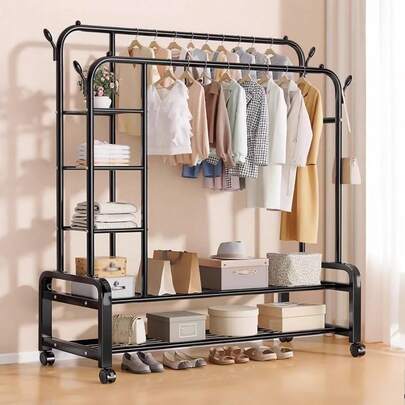 Heavy Duty Clothes Rail - Freestanding Metal Garment Rack With Double Hanging Rods, Shoe Rack & Storage Shelves, 4 Hooks For Bedroom, Office, Shop