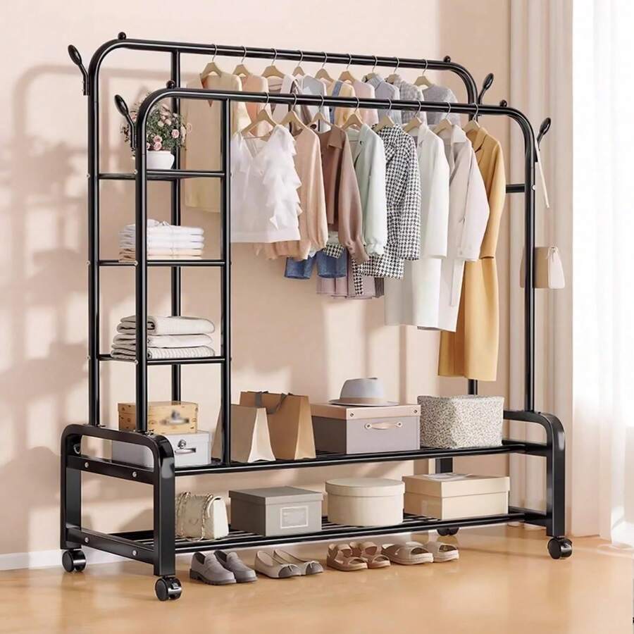 Heavy Duty Clothes Rail - Freestanding Metal Garment Rack With Double Hanging Rods, Shoe Rack & Storage Shelves, 4 Hooks For Bedroom, Office, Shop - A - Ver 1