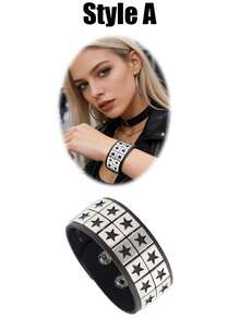 1/3pcs Women Punk Style Leather Bracelet, 80s 90s Emo Retro Rivet Adjustable Wrap Wrist Accessories - Gun Black - View 11