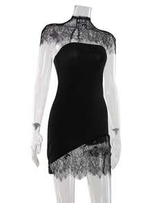 Vestido corto ajustado de encaje para mujer, estilo puro y sensual - Negro - Ver 5